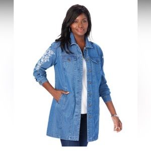Jessica London Light Blue Embroidered Long Denim Jacket